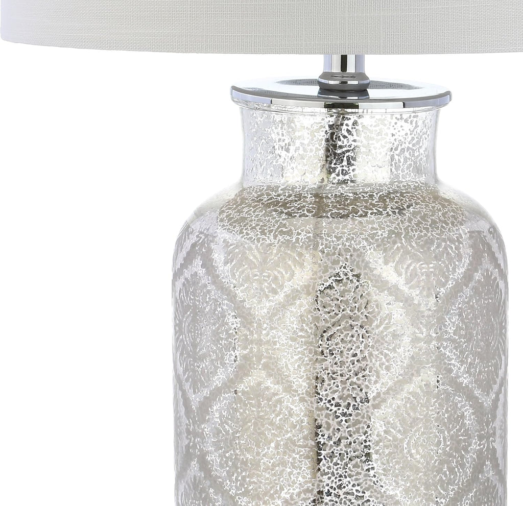 JONATHAN Y 24.5' Mercury Silver Trellis Glass Table Lamp for Living Room, White Linen Shade, Modern Bedside Nightstand Lamp for Bedroom, LED Bulb Included, UL Listed JYL1063A