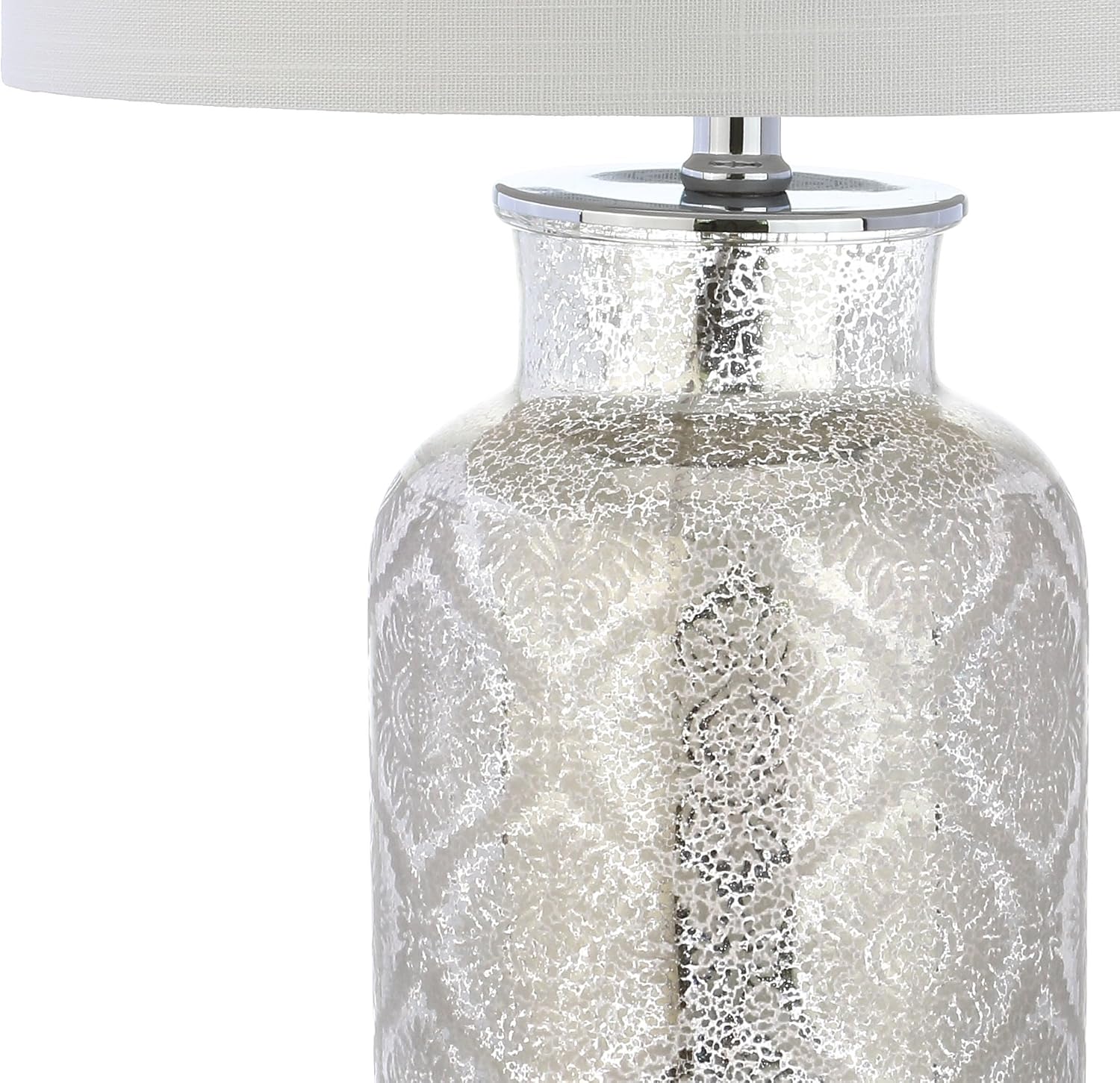 JONATHAN Y 24.5' Mercury Silver Trellis Glass Table Lamp for Living Room, White Linen Shade, Modern Bedside Nightstand Lamp for Bedroom, LED Bulb Included, UL Listed JYL1063A