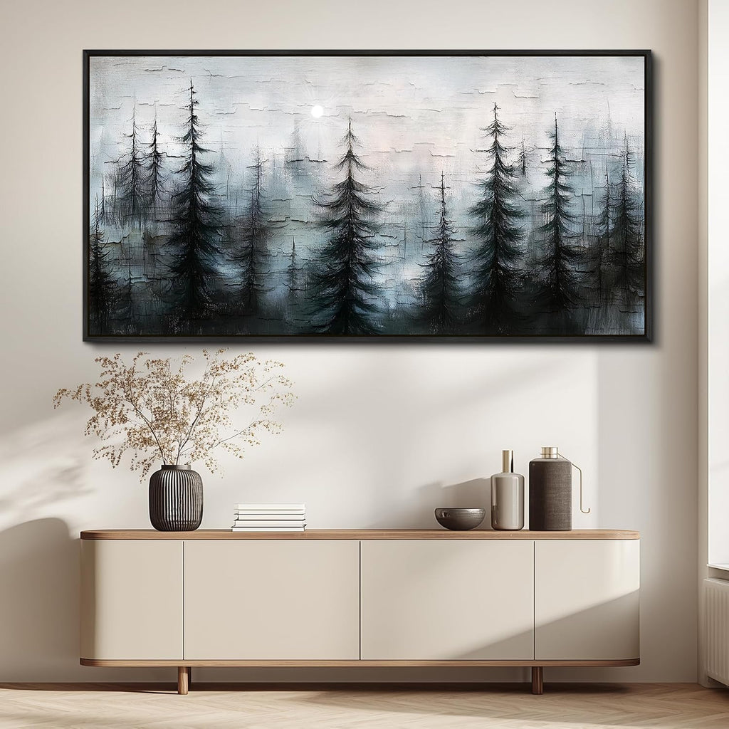 XIGUANGART Misty Forest Canvas Wall Art Nature Landscape Pictures Farmhouse Abstract Tree Watercolour Painting Wall Decor Living Room, Bedroom Home Office Decorations Artwork Black Framed Large 60x30