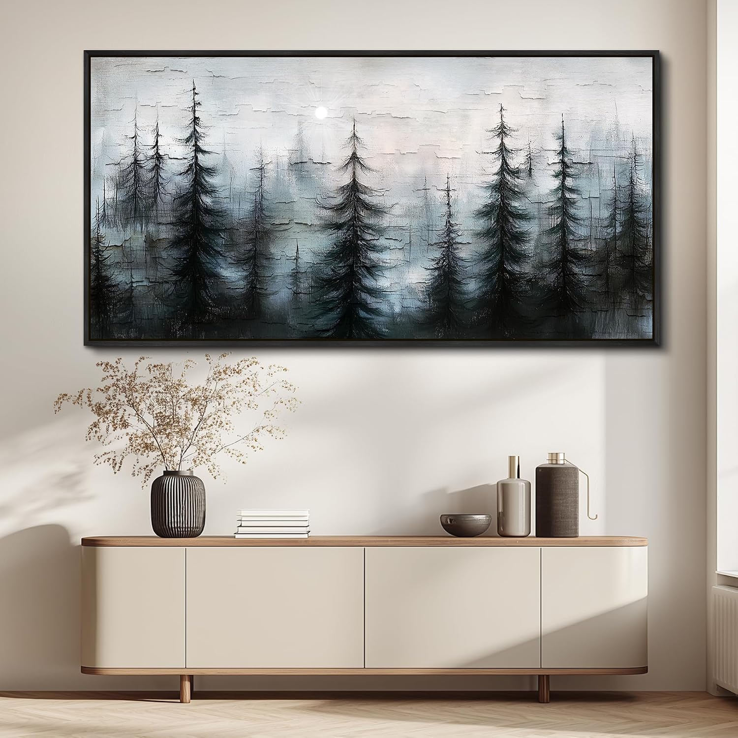 XIGUANGART Misty Forest Canvas Wall Art Nature Landscape Pictures Farmhouse Abstract Tree Watercolour Painting Wall Decor Living Room, Bedroom Home Office Decorations Artwork Black Framed Large 60x30