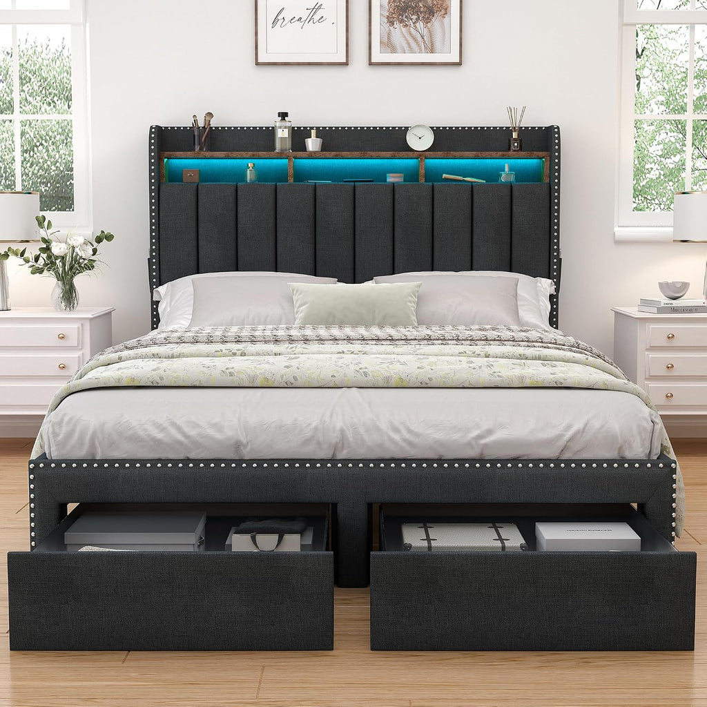 SIBEDS Full LED Bed Frame with 2 Drawers, Upholstered Platform Bed with 2 Tier Storage Wingback Headboard, Linen Channel Tufted Bedframe with Rivet Decor, No Box Spring Needed, Dark Gray