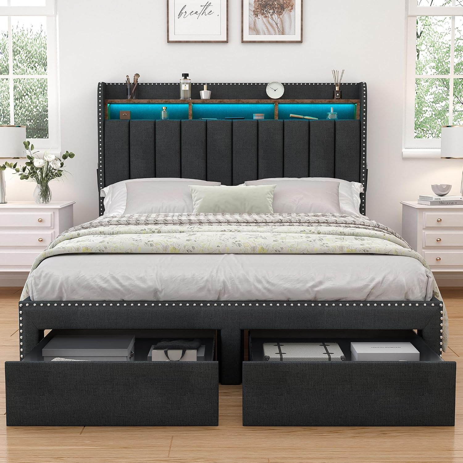 SIBEDS Full LED Bed Frame with 2 Drawers, Upholstered Platform Bed with 2 Tier Storage Wingback Headboard, Linen Channel Tufted Bedframe with Rivet Decor, No Box Spring Needed, Dark Gray