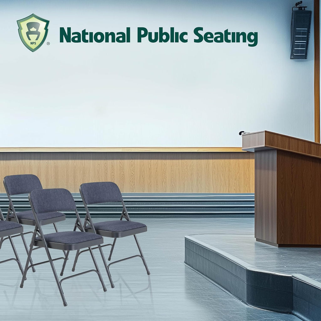 Premium Padded Portable Folding Chairs by National Public Seating – 2200 Series Upholstered, Heavy-Duty Foldable Chairs for Indoor & Outdoor Use – Set of 4, Comfortable & Durable, Char-Blue