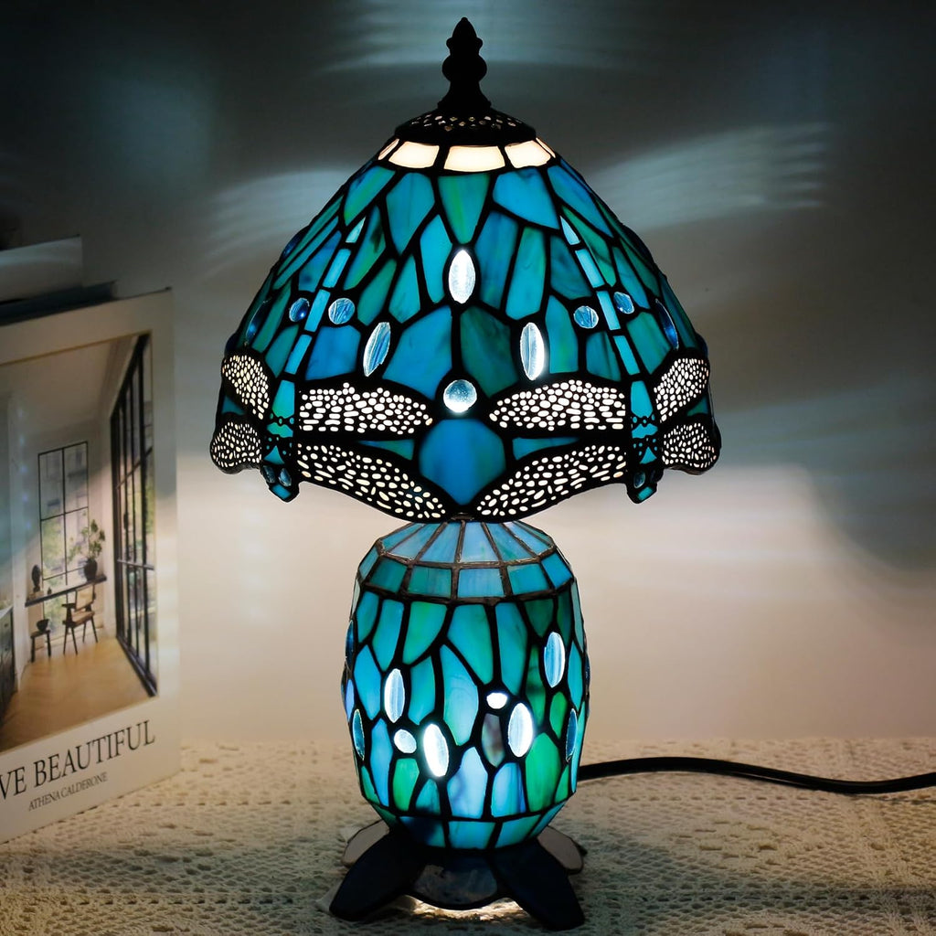 Small Tiffany Lamp Stained Glass Table Lamp Mini Mother Daughter Vase Desk Accent Light for Bedroom Bedside Reading Home Antique Style Decor 8X14 Inches (Green Dragonfly)