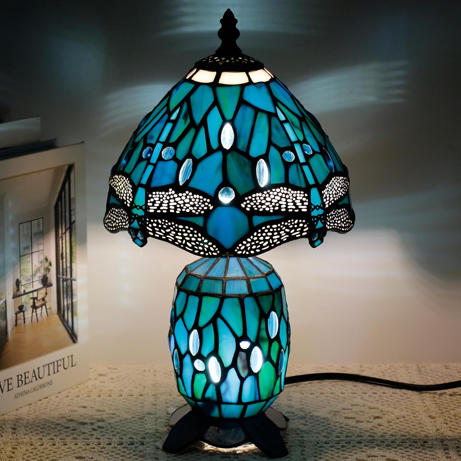 Small Tiffany Lamp Stained Glass Table Lamp Mini Mother Daughter Vase Desk Accent Light for Bedroom Bedside Reading Home Antique Style Decor 8X14 Inches (Green Dragonfly)
