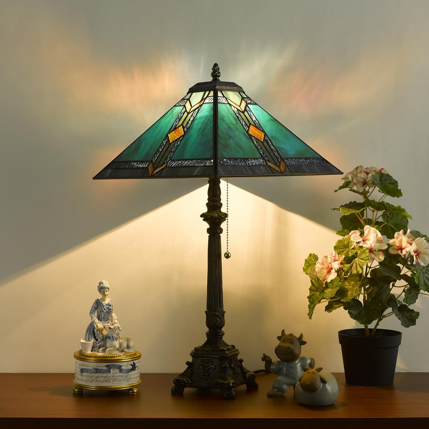 Tiffany Table Lamps Blue Stained Glass Striped Checkered Style Mission Desk Lamp 12X12X24 Inch Bronze Resin Base
