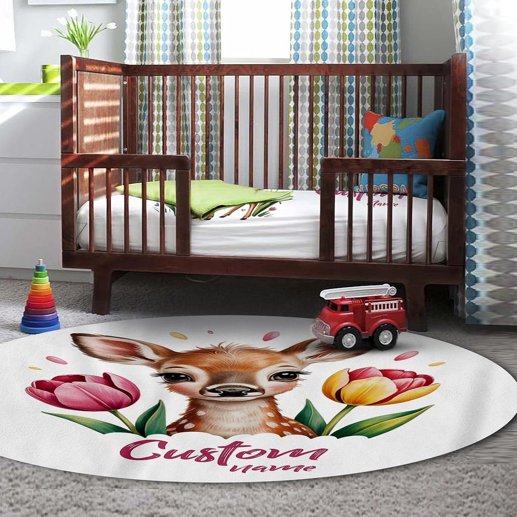 Personalized Crib Bedding Set for Baby Girls, Custom Name Baby Crib Sets 5-Pcs - Toddler Double Layer Blanket Fitted Sheet Changing Pad Cover Rug Wall Art Set, Sika Deer Theme Nursery Décor
