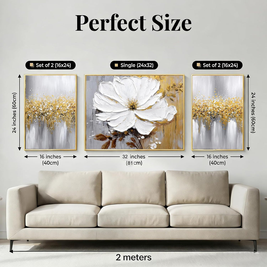 Hand-Painted Floral Canvas Oil Painting for Living Room,Framed 3D Gold and White Abstract Wall Art for Bedroom, Large 3 Pieces Flowerl Wall Painting for Office Kitchen Bathroom Home Decor 24x64 inches