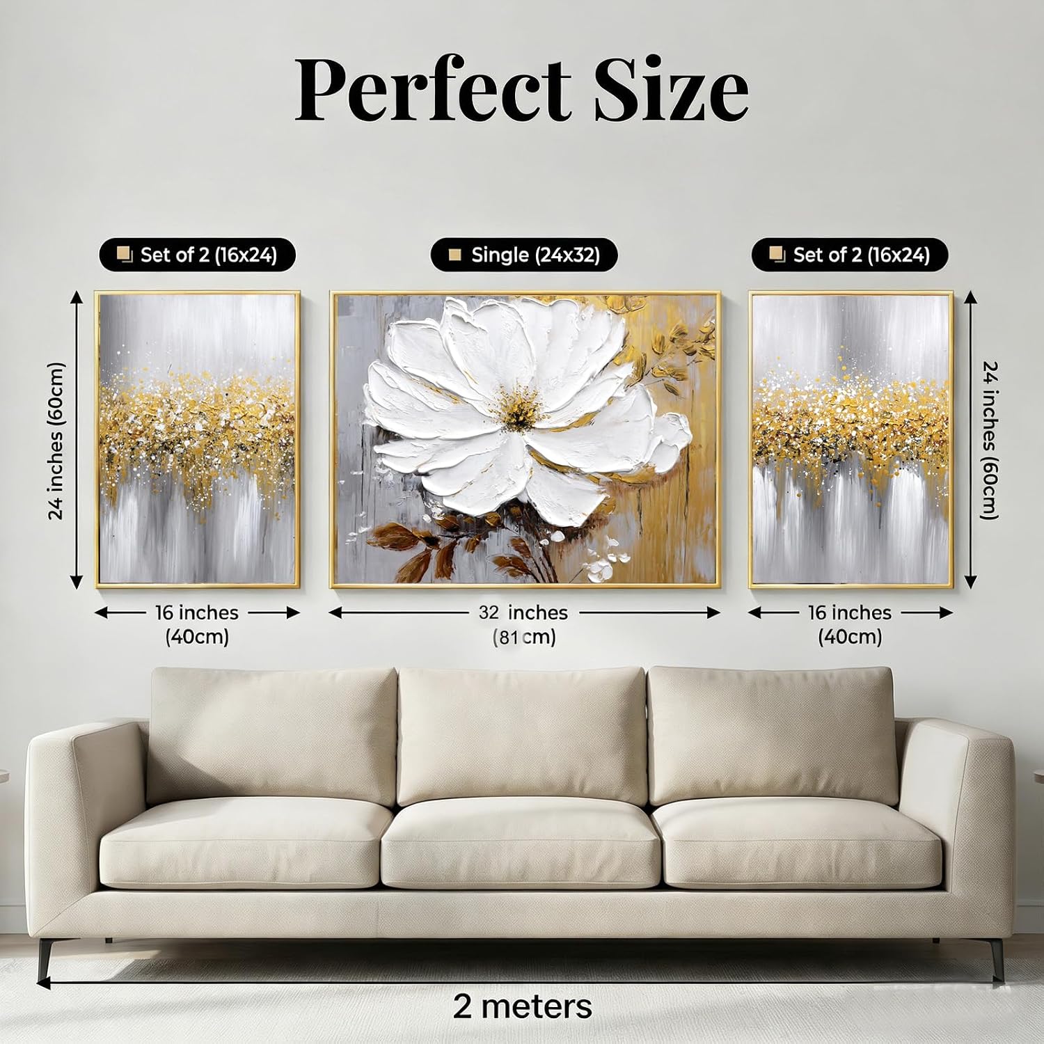 Hand-Painted Floral Canvas Oil Painting for Living Room,Framed 3D Gold and White Abstract Wall Art for Bedroom, Large 3 Pieces Flowerl Wall Painting for Office Kitchen Bathroom Home Decor 24x64 inches