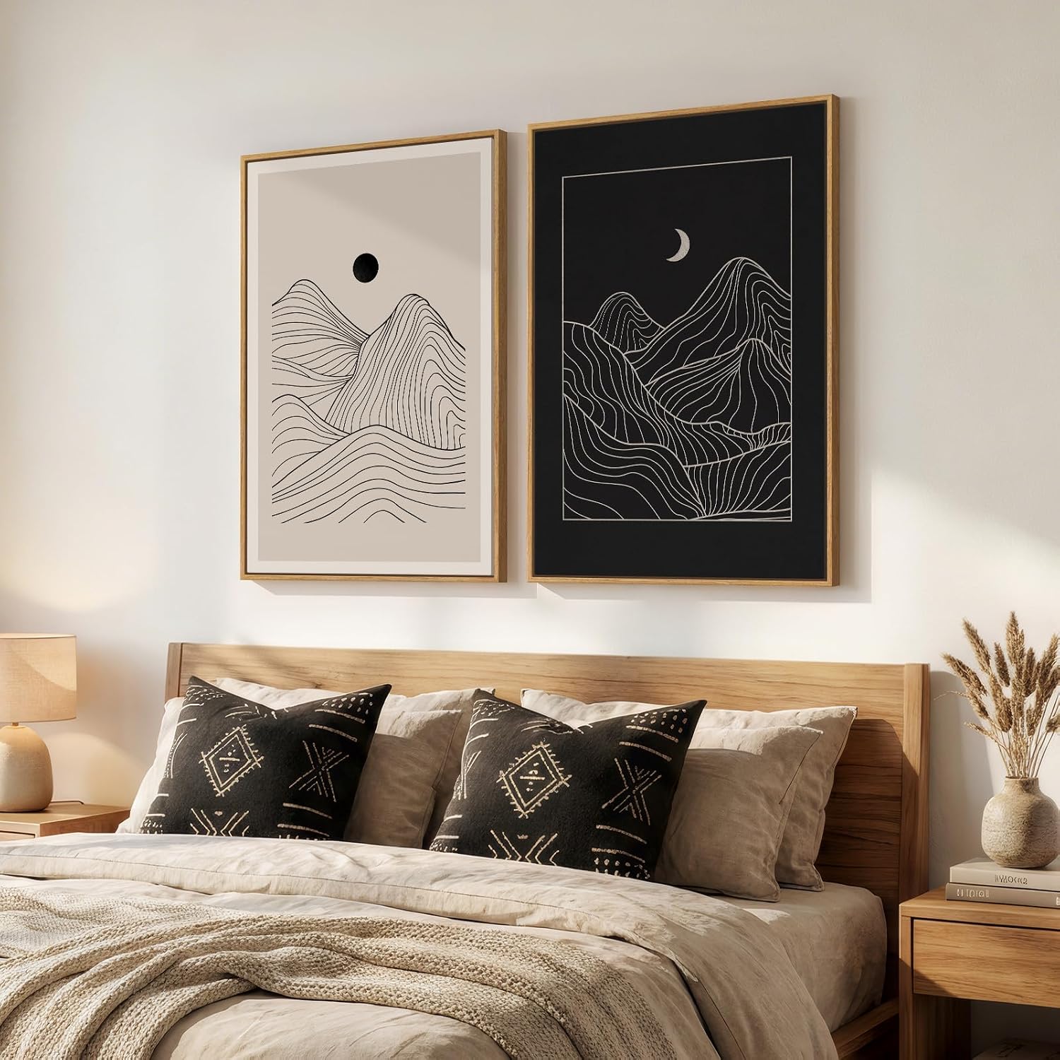 Large Framed Black and Beige Neutral Abstract Wall Art for Living Room, Set of 2 Modern Canvas Prints Paintings Artwork for Walls, Mountain and Moon Pictures for Bedroom Hallway Wall Decor 24x36 In