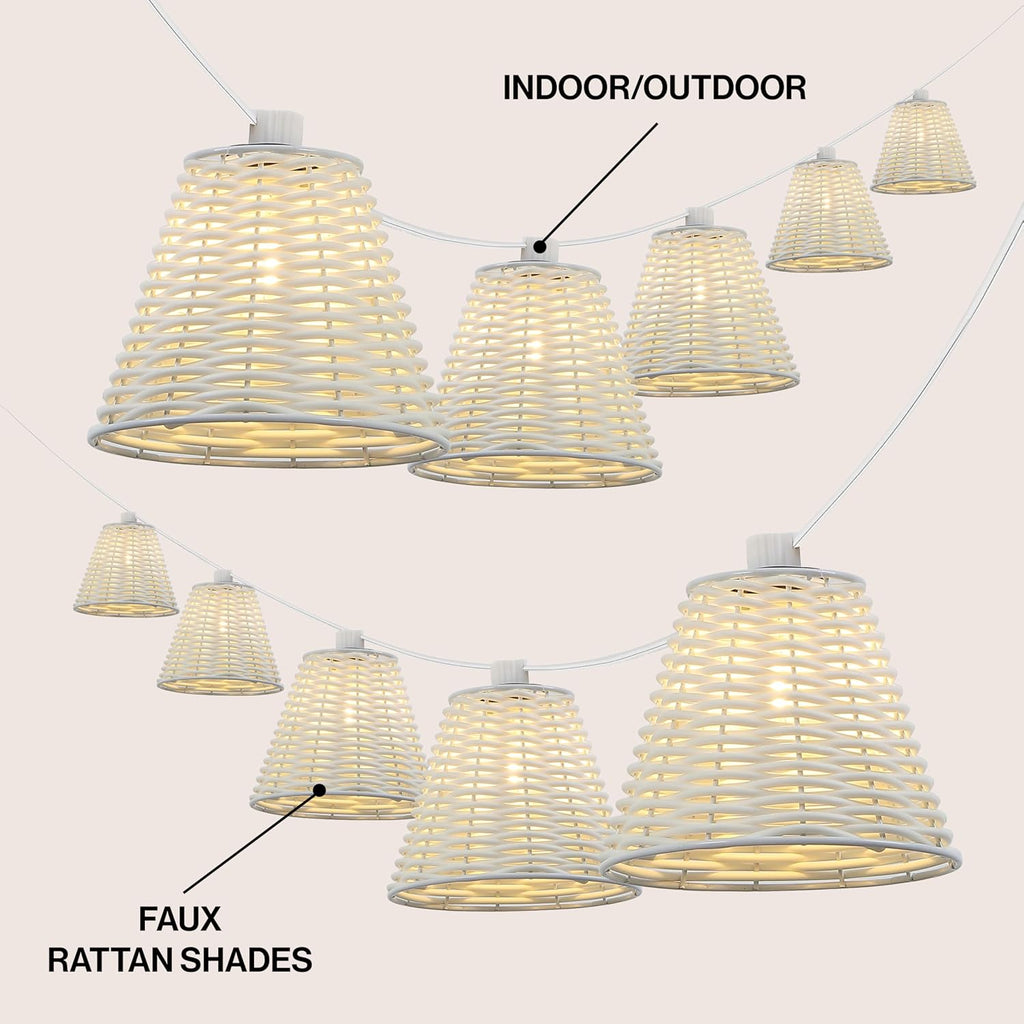 JONATHAN Y 10' White 10-Light Indoor/Outdoor LED String Lights for Patio, Classic Cottage Faux-Rattan Shaded Hanging Lights for Balcony, Deck, Coastal Decor (JYL8706B)