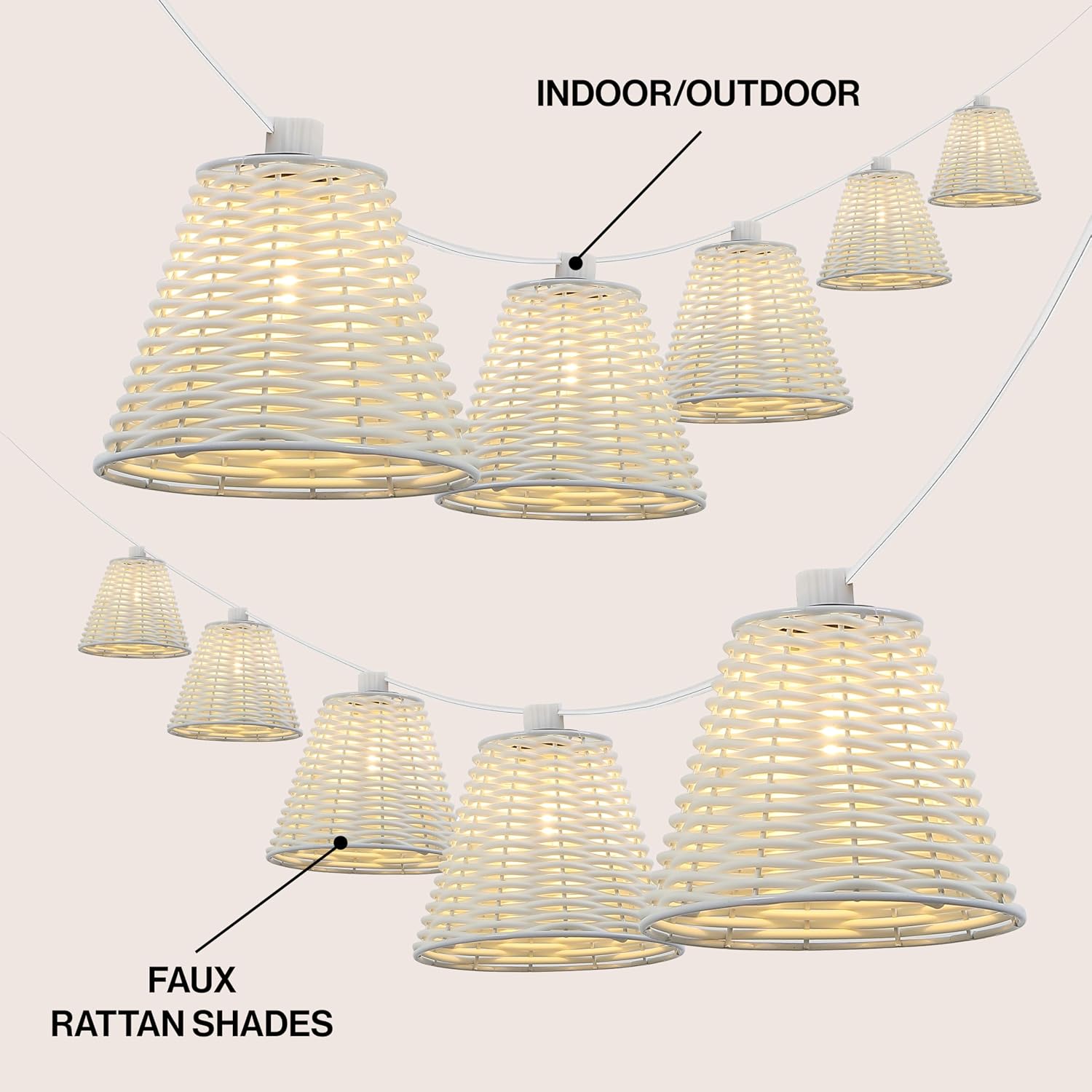 JONATHAN Y 10' White 10-Light Indoor/Outdoor LED String Lights for Patio, Classic Cottage Faux-Rattan Shaded Hanging Lights for Balcony, Deck, Coastal Decor (JYL8706B)