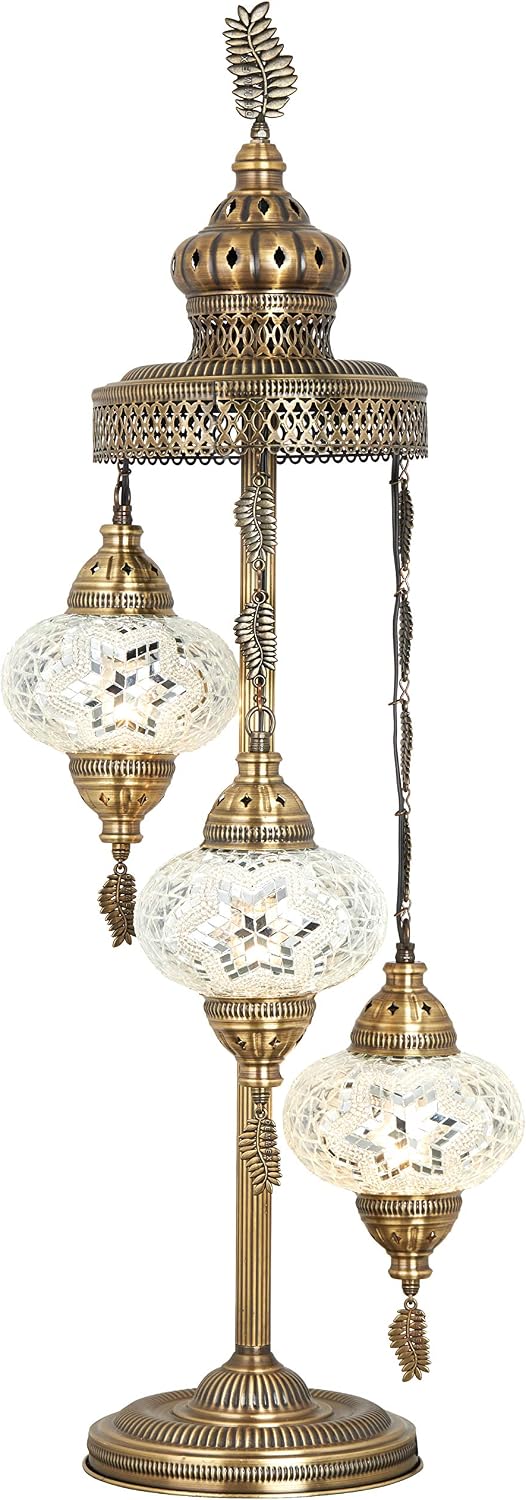 DEMMEX Turkish Moroccan Mosaic Floor & Table Lamp – Handmade Boho Tiffany-Style Light with 3 Large 7' Globes, Artisan Decor, 37' (95cm) Tall, Antique Brass Finish, North American Use (Customizable)