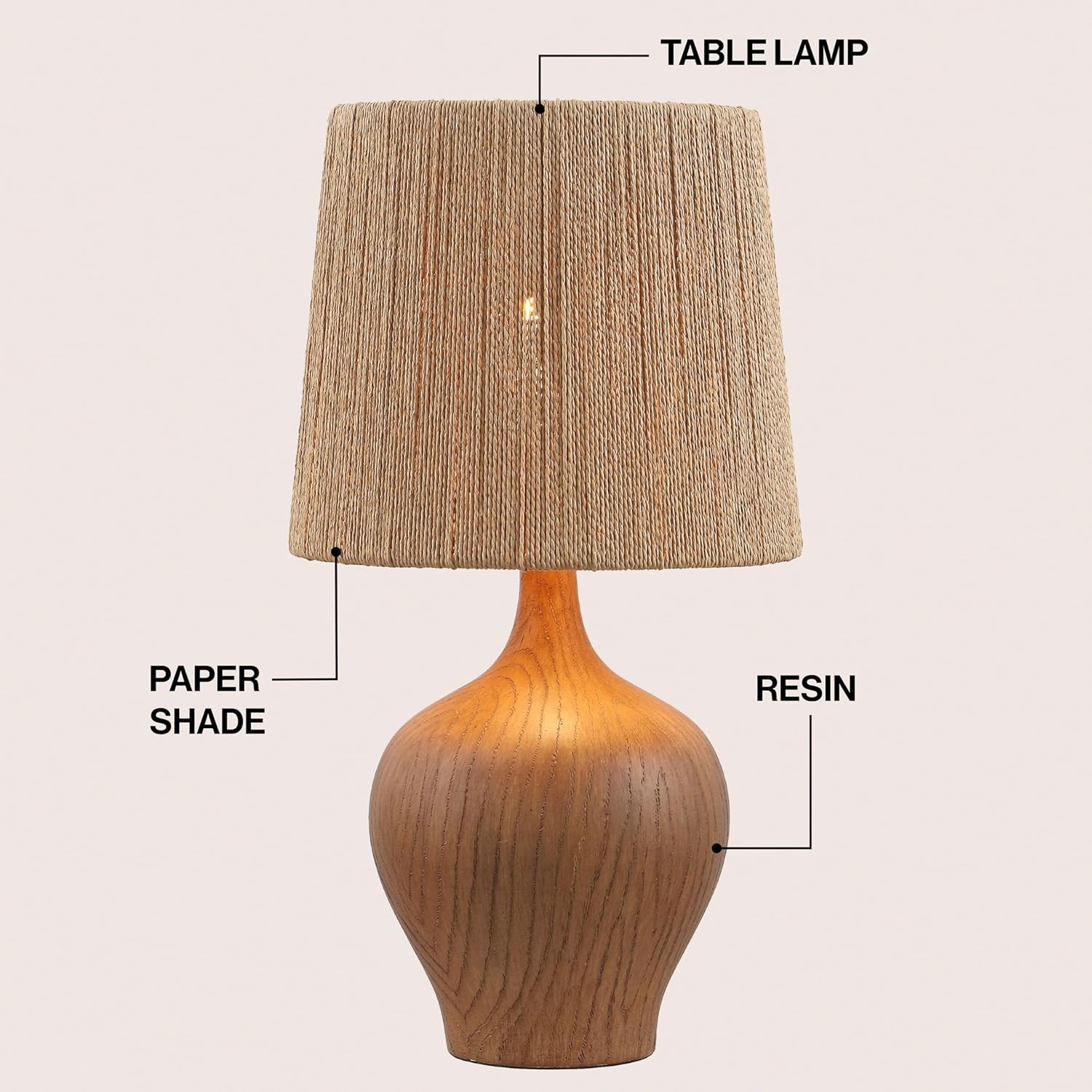 JONATHAN Y 23' Brown Wood Finish Rustic Farmhouse Resin Gourd LED Table Lamp for Bedroom, Living Room, Nightstand, with Brown Paper Rope Shade, LED Bulb Included JYL9200A