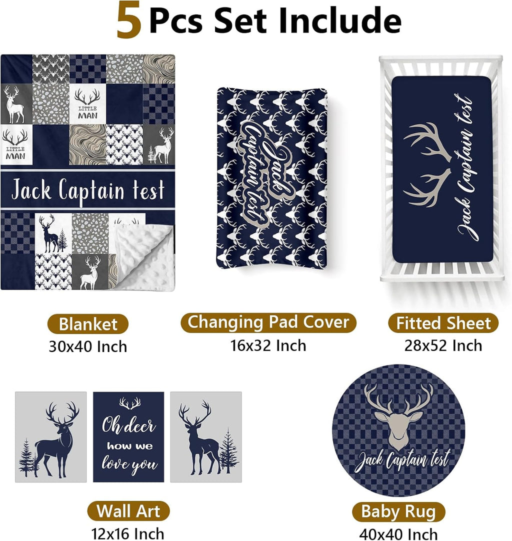 Terwex Personalized Baby Bedding, 5 Pcs Custom Name Bedding Sets for Girls & Boys - Nursery Beds, Soft Toddler Sets for Infant Customized Gifts, Blue Woodland Deer