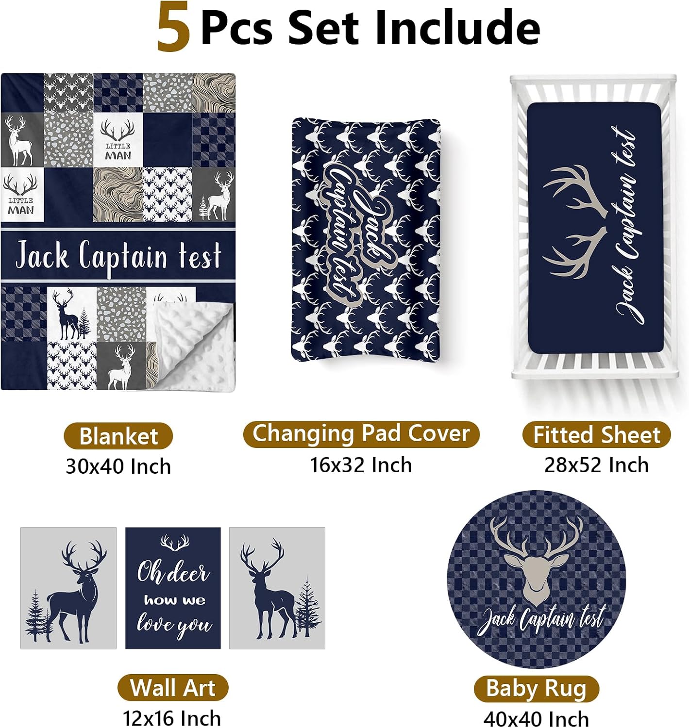 Terwex Personalized Baby Bedding, 5 Pcs Custom Name Bedding Sets for Girls & Boys - Nursery Beds, Soft Toddler Sets for Infant Customized Gifts, Blue Woodland Deer