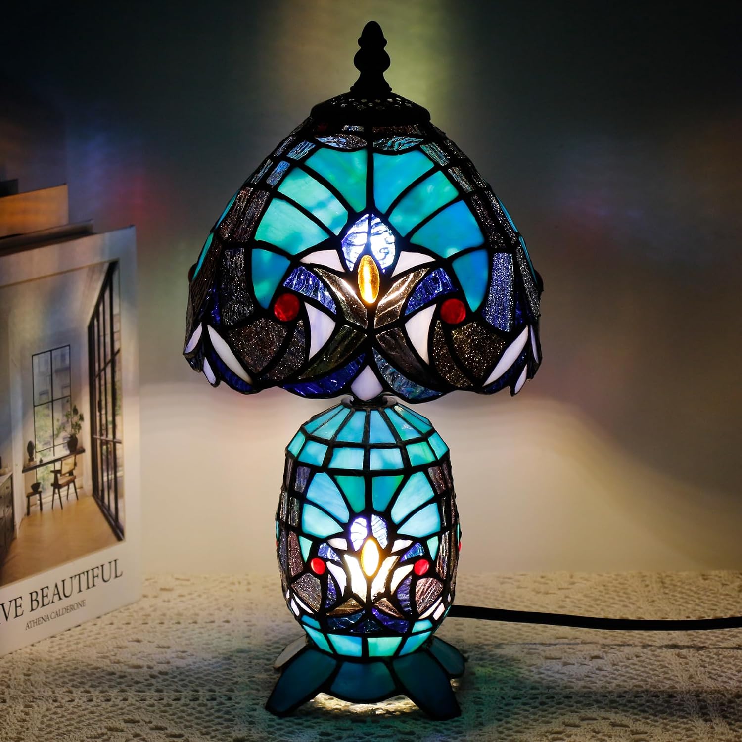 Small Tiffany Lamp Stained Glass Table Lamp Mini Mother Daughter Vase Desk Accent Light for Bedroom Bedside Reading Home Antique Style Decor 8X14 Inches (Green)
