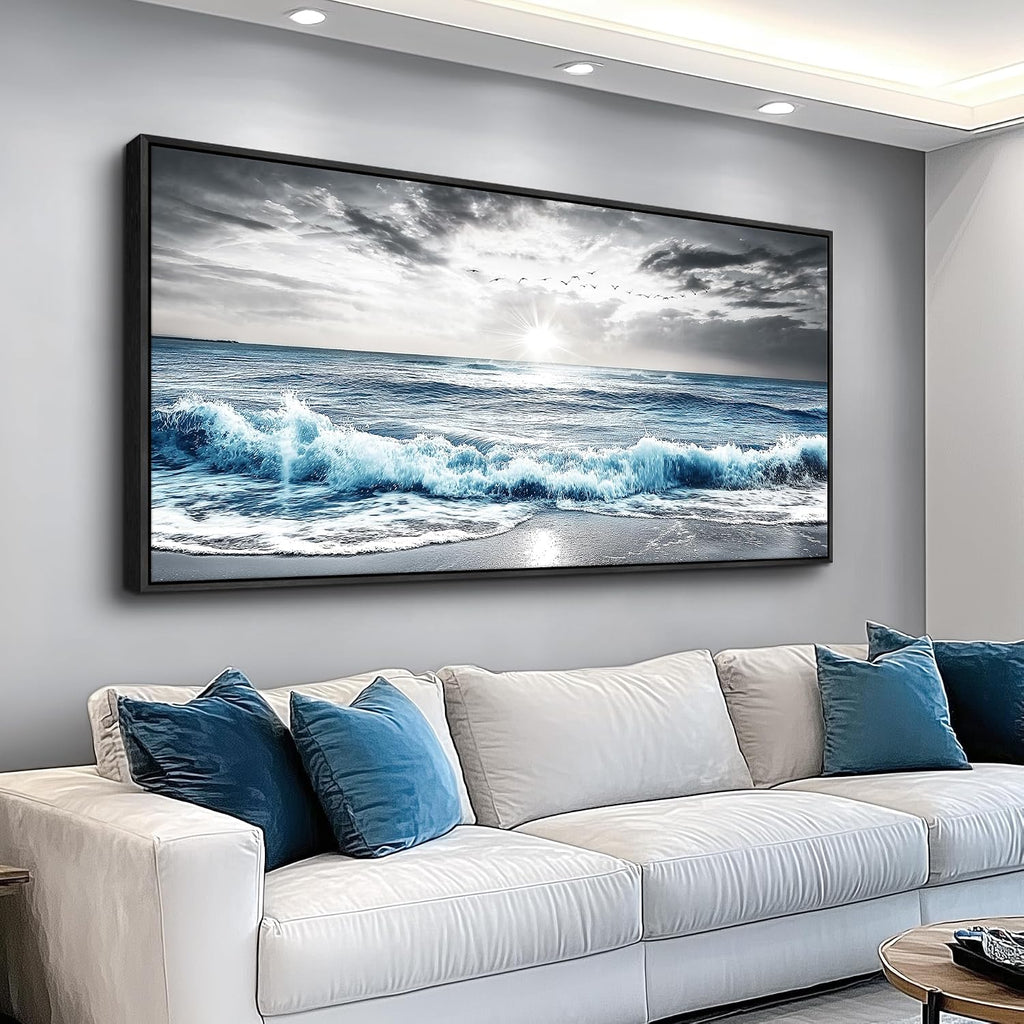 KELIYUAN Large Canvas Wall Decor For Living Room Wall Art For Bedroom Office Wall Decorations Black Frame Beach Wave Scenery Pictures Artwork For Modern Stretched and Framed Beach Posters 24'X48'