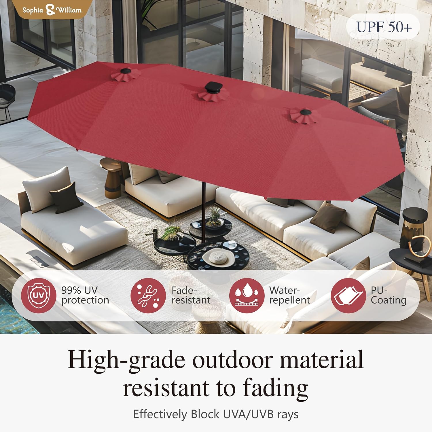 Sophia & William 13ft Outdoor Patio Umbrella with Solar Lights, Large Double-sided Umbrella with LED Lights, Perfect for Garden, Deck, Pool, Burgundy
