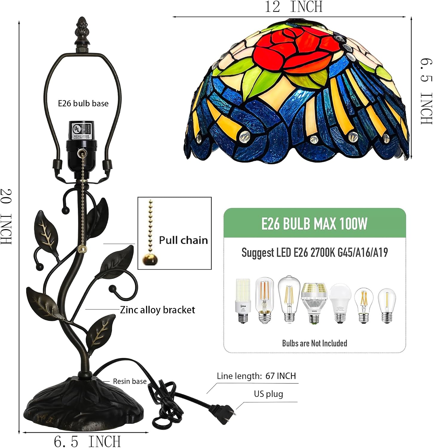 Tiffany Lamp Stained Glass Style Table Lamp Rose Style Bedside Desk Reading Light W12H19 Inch Metal Leaf Base with Metal Leaf Base