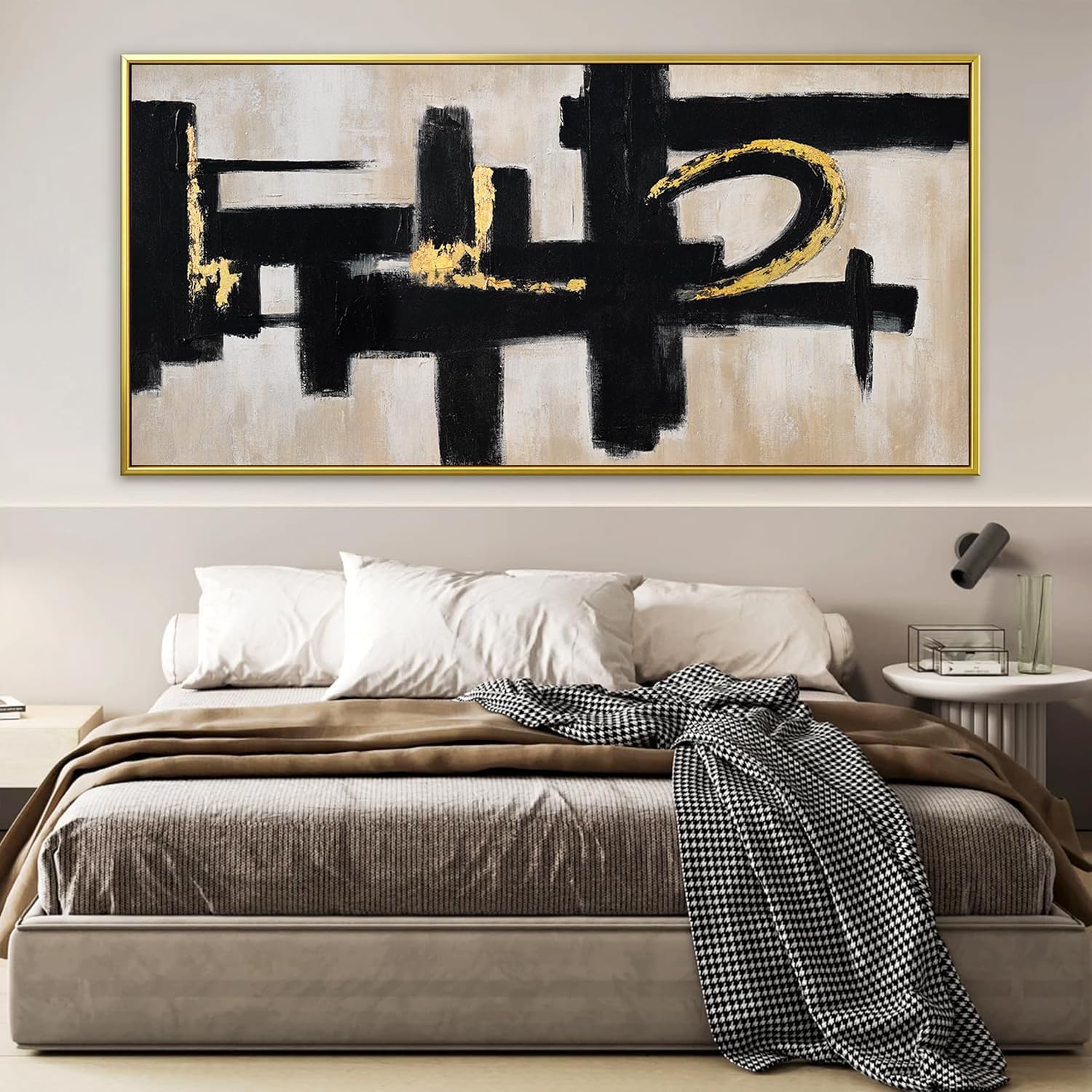 QSQ Black And Off-White Wall Art Abstract Picture Paintings On Canvas Art Wall Decor 29 x 58 Inches Large Gold Framed Wall Art Living Room Minimalism Abstract Wall Decor Bedroom Office Artwork