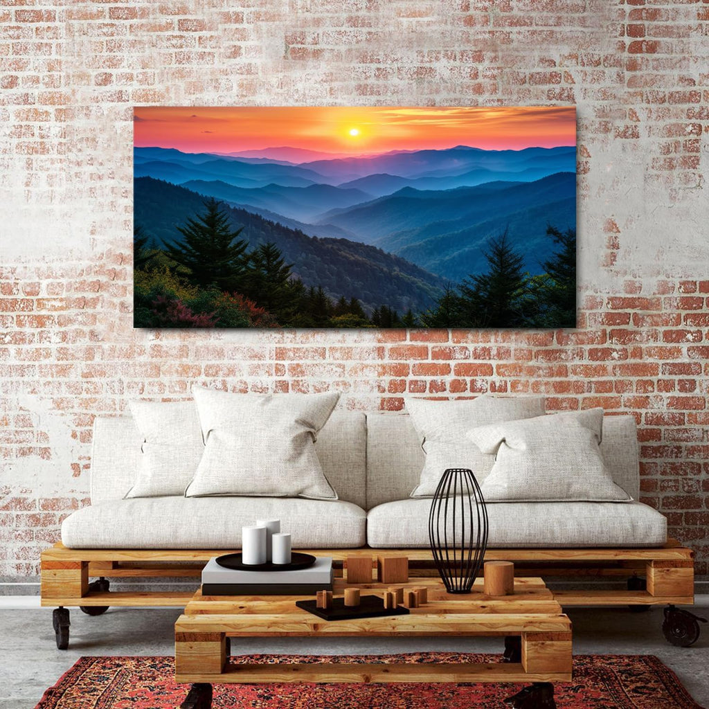 Great Smoky Mountain Wall Art for Living Room Sunset Blue Ridge National Park Poster Canvas Prints Natural Scenic Artwork Bathroom Rustic Misty Forest Landscape Picture Bedroom Home Decorations 30x57.8'
