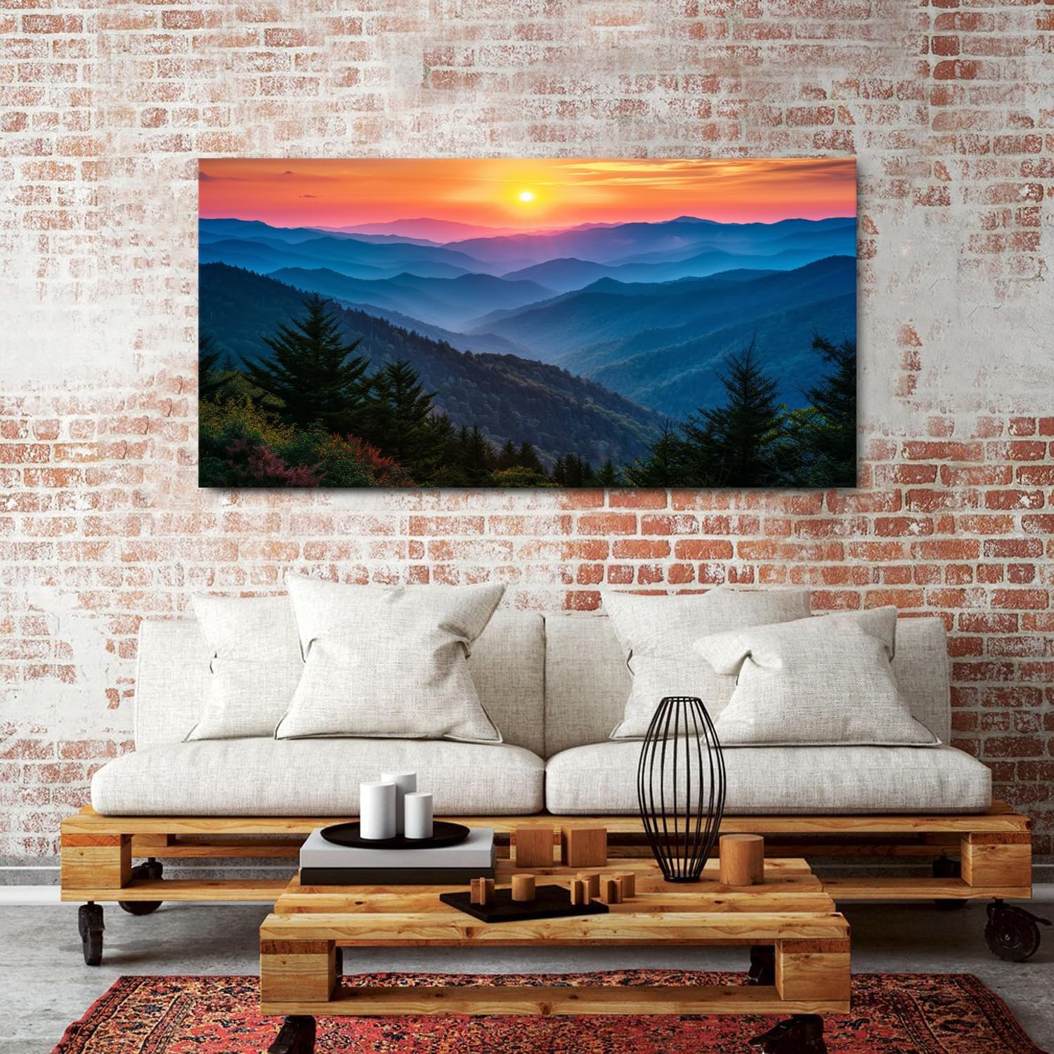 Great Smoky Mountain Wall Art for Living Room Sunset Blue Ridge National Park Poster Canvas Prints Natural Scenic Artwork Bathroom Rustic Misty Forest Landscape Picture Bedroom Home Decorations 30x57.8'