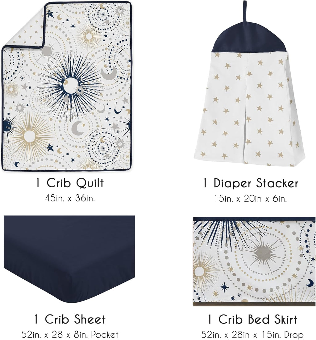 Sweet Jojo Designs 4-Piece Baby Crib Bedding Set (Star and Moon) for Boys or Girls, Infants/Nursery incl. Blanket, Fitted Sheet, Skirt, Diaper Stacker (Navy Blue, Grey, Celestial, Sky, Stars, Neutral)