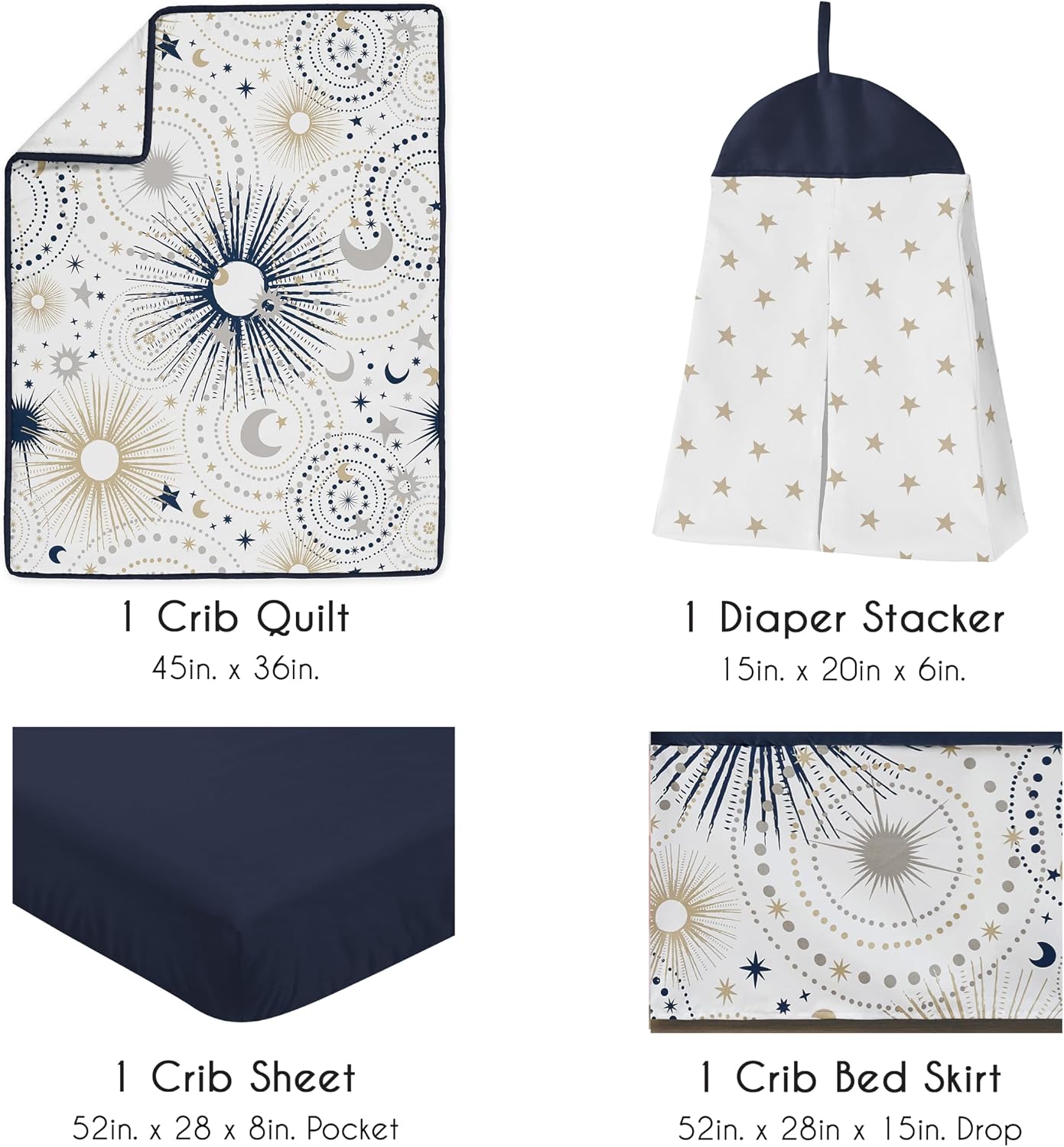 Sweet Jojo Designs 4-Piece Baby Crib Bedding Set (Star and Moon) for Boys or Girls, Infants/Nursery incl. Blanket, Fitted Sheet, Skirt, Diaper Stacker (Navy Blue, Grey, Celestial, Sky, Stars, Neutral)