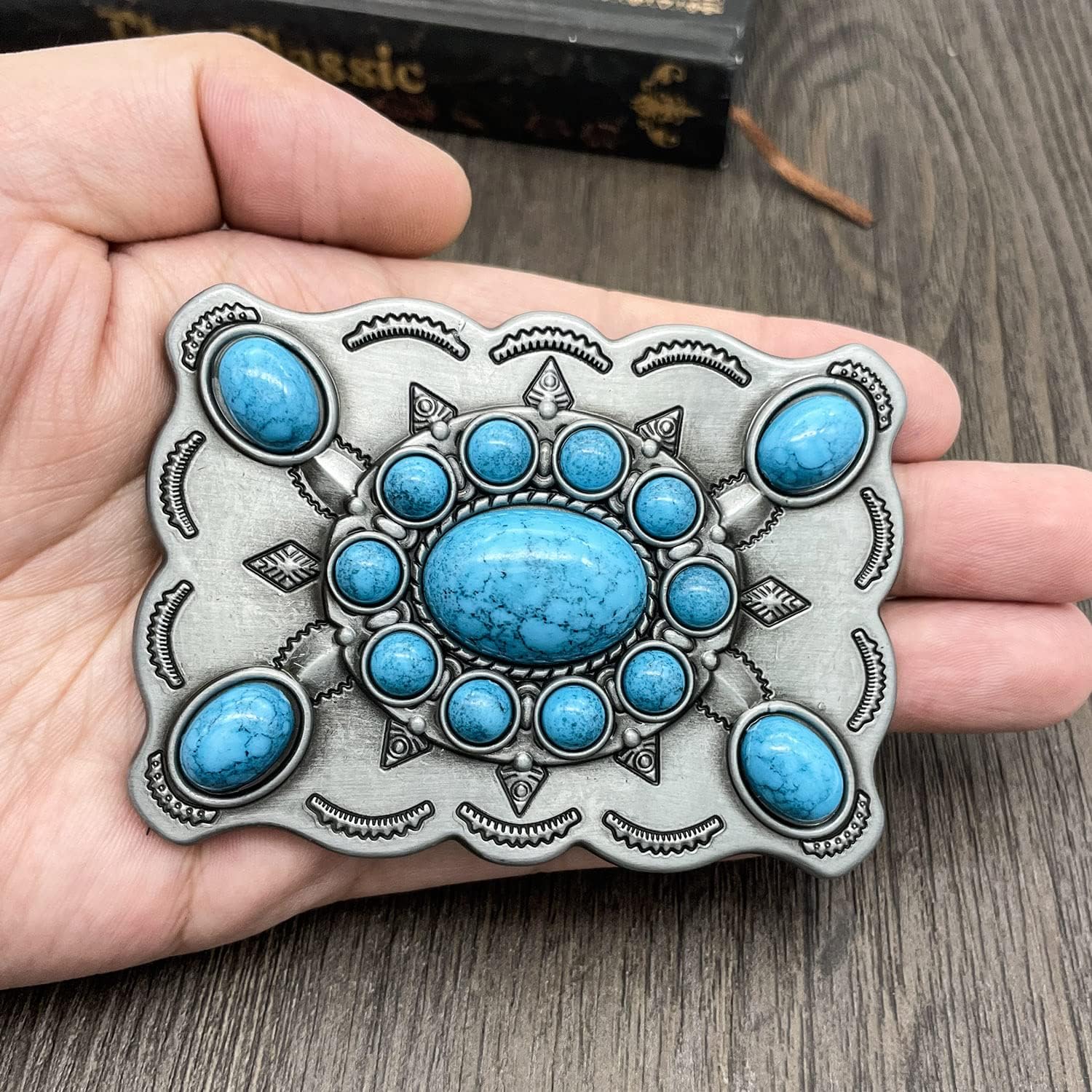 Men's Western Belt Buckle - Vintage Turquoise with Native American & Cowboy Elements
