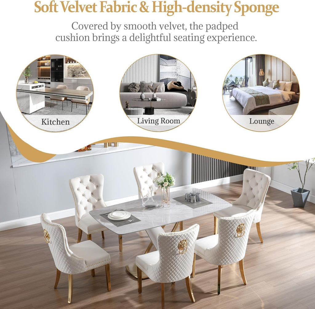 civama Dining Chairs Set of 2, Elegant Luxury Velvet Tufted Dining Chairs Golden Legs & Nailhead Trim, Back Lion Head Pull Ring & Rhomboid Pattern, Nikki Collection Armless Kitchen Chair, Beige