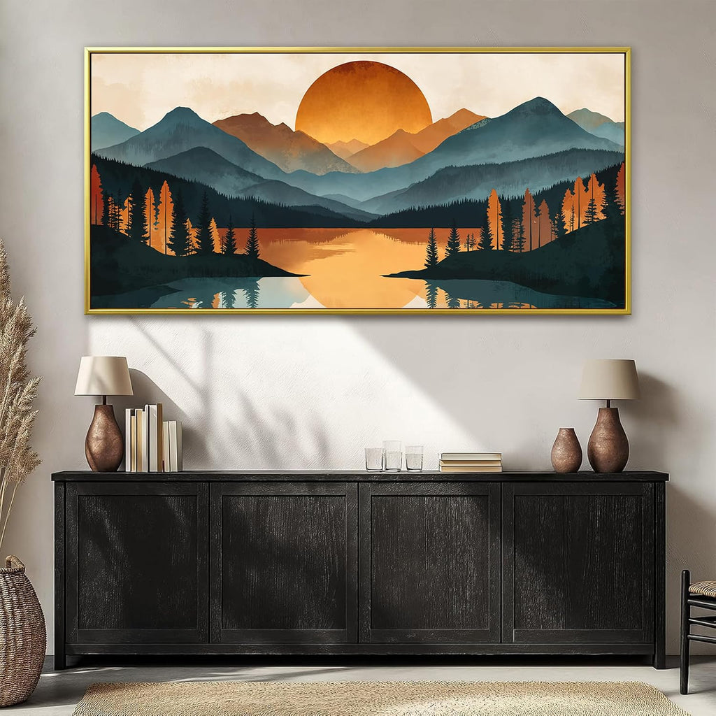 Colorful Mountain Boho Wall Art For Living Room Large Gold Framed Wall Art Canvas Art Wall Decor For Office Modern Bedroom Forest River Landscape Pictures Paintings Artwork 29 X 58 In