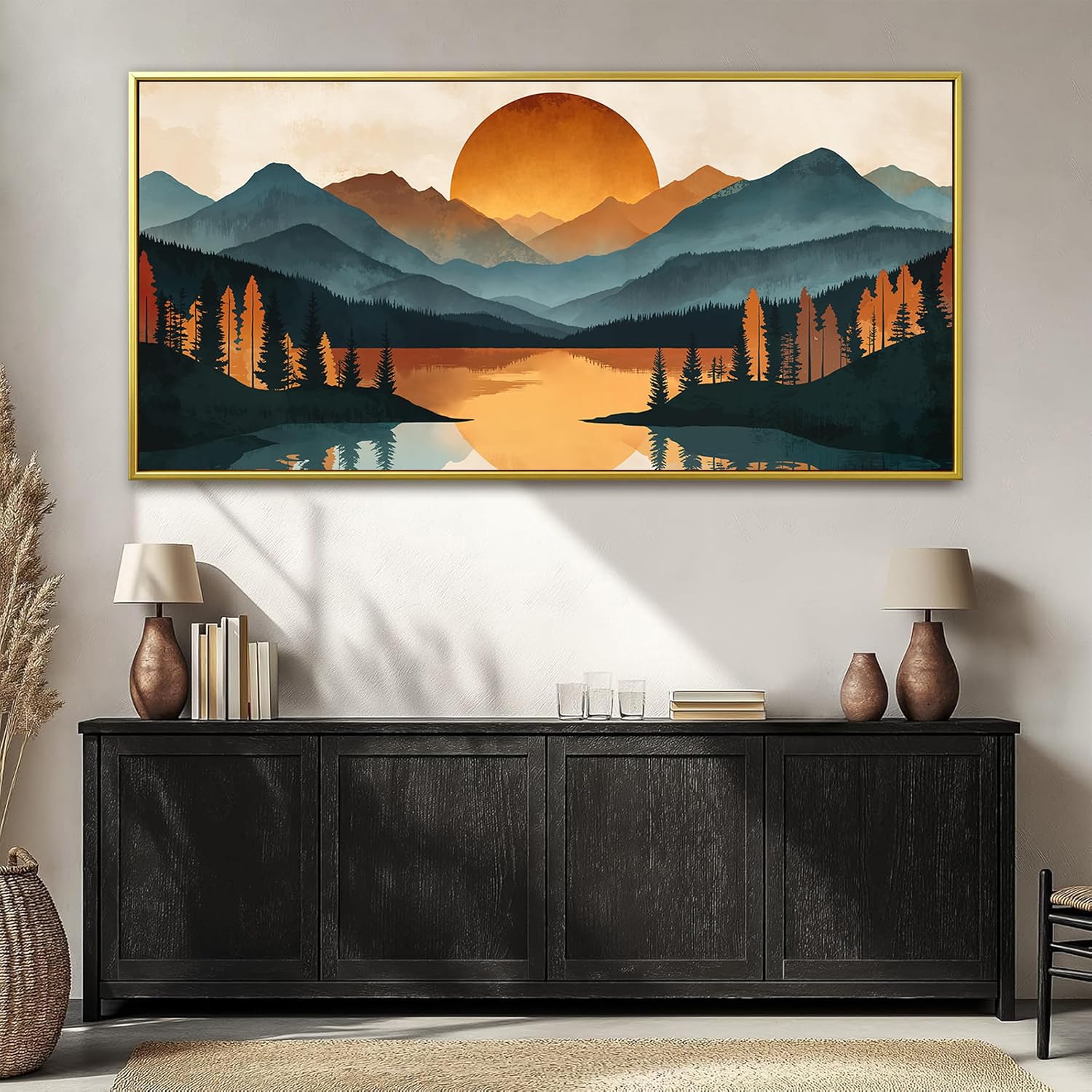 Colorful Mountain Boho Wall Art For Living Room Large Gold Framed Wall Art Canvas Art Wall Decor For Office Modern Bedroom Forest River Landscape Pictures Paintings Artwork 29 X 58 In