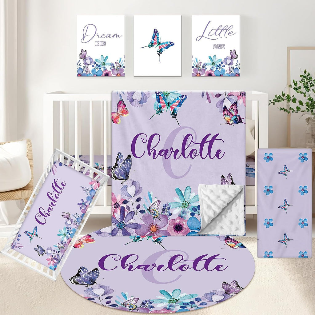 KAINSY Personalized 5-Piece Crib Set, Custom Bedding With Name for Girls, Purple Butterfly Nursery Set, Gifts for Infants, Toddlers, New Parents