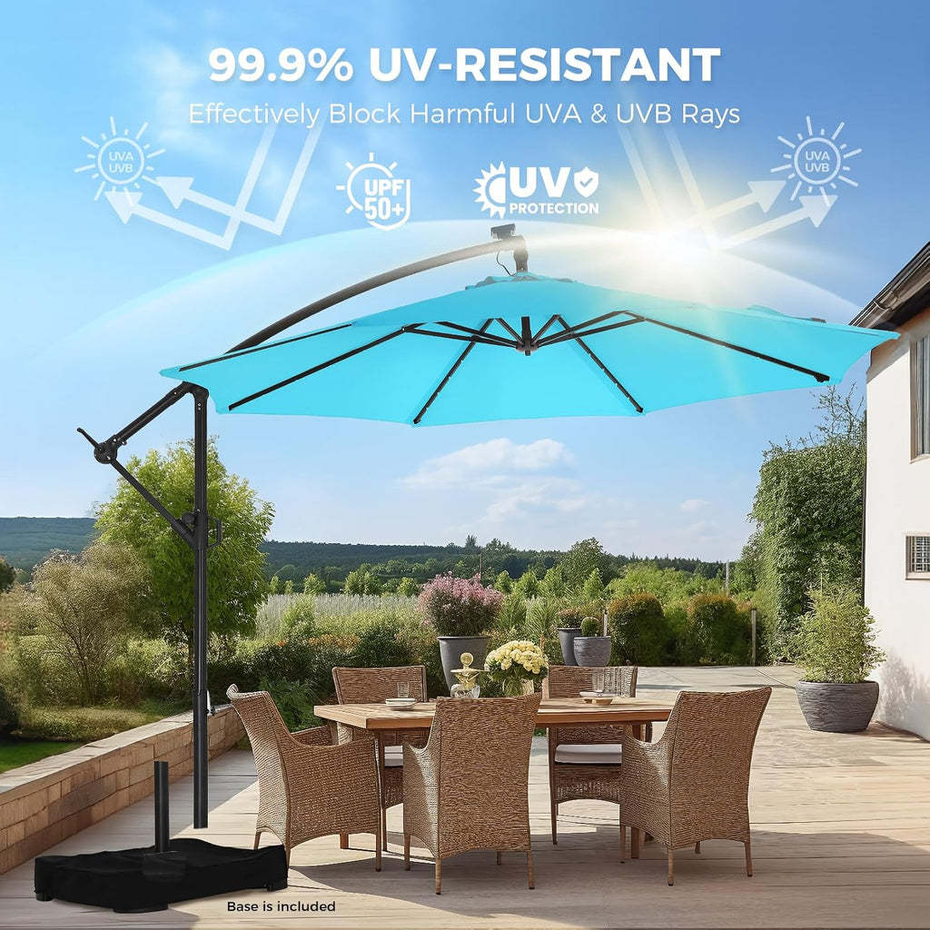 HOMSHADE 10ft Solar Lights Offset Cantilever Patio Umbrella - with Light and Base, LED Lighted Offset Hanging Patio Outdoor Market Umbrella UPF50+ UV Protection with Easy Tilt and Crank (Light Blue)