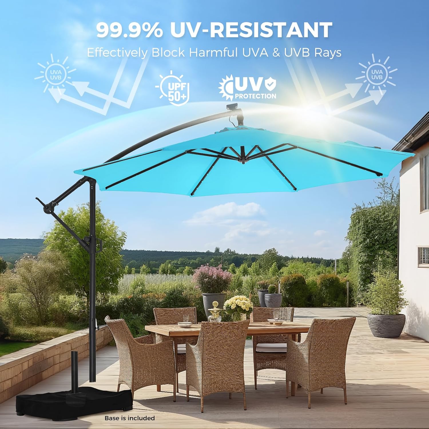 HOMSHADE 10ft Solar Lights Offset Cantilever Patio Umbrella - with Light and Base, LED Lighted Offset Hanging Patio Outdoor Market Umbrella UPF50+ UV Protection with Easy Tilt and Crank (Light Blue)