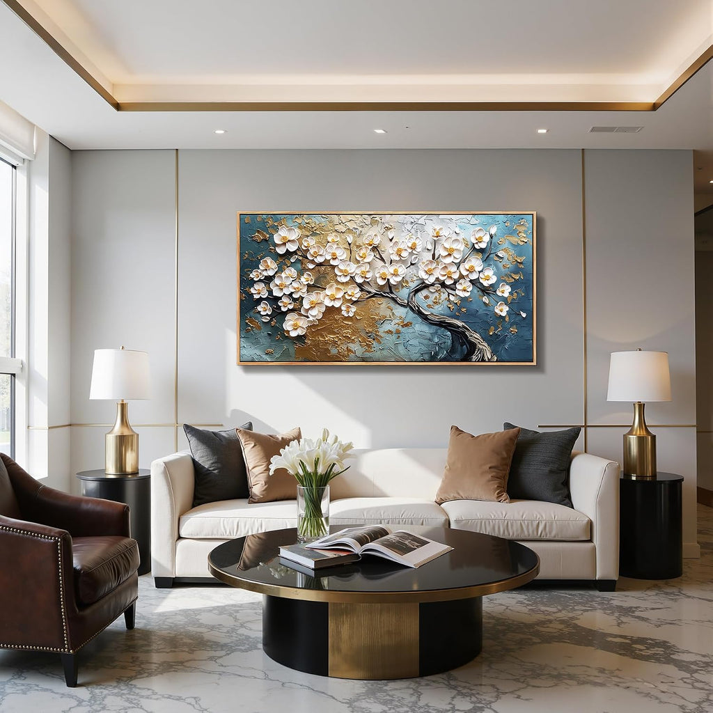 imjiayu Large Framed Wall Art, Tree of Life Wall Art, Modern Art Wall Decor, Japanese White Floral Tree Prints, Nature Canvas Paintings Wall Decor for Living Room Bedroom Office Hallway 24'x48'