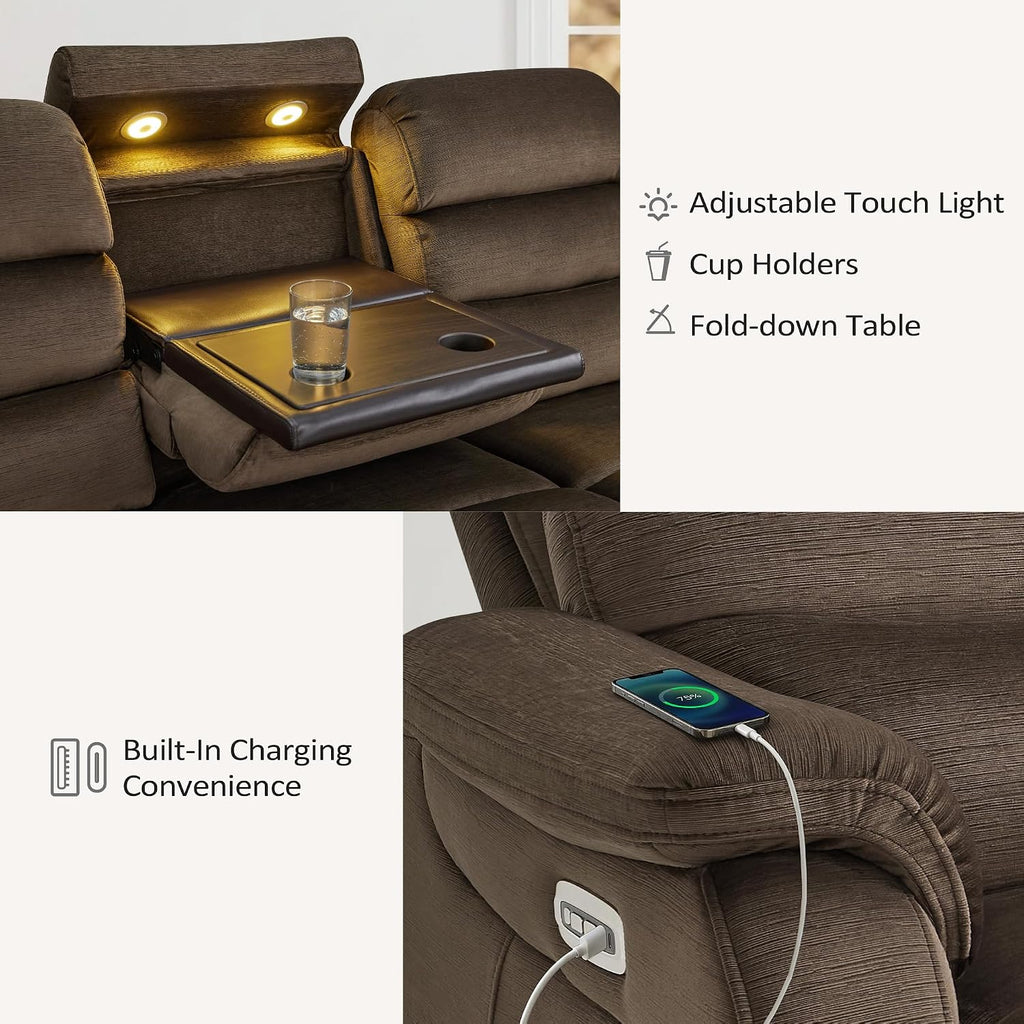 MCombo 87.2'' Wall Hugger Power Recliner Sofa with Drop Down Table, Reclining Sofa with Adjustable Headrest, USB Charge Ports, Reading Lamp, for Living Room, RVs, Fabric, ST258M3 (3-Seater, Coffee)