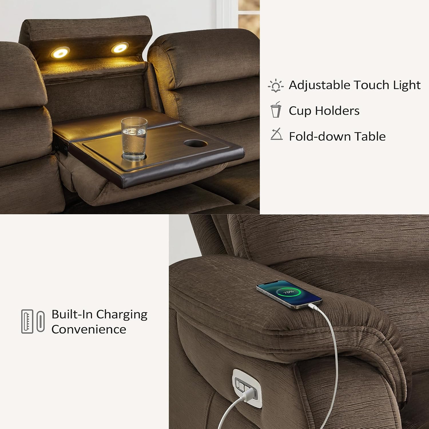 MCombo 87.2'' Wall Hugger Power Recliner Sofa with Drop Down Table, Reclining Sofa with Adjustable Headrest, USB Charge Ports, Reading Lamp, for Living Room, RVs, Fabric, ST258M3 (3-Seater, Coffee)