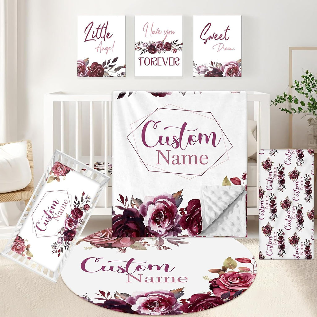 KAINSY Personalized Crib Bedding Set for Girls, 5 Pcs Nursery Bedding Crib Sets, Soft Custom Flowers Baby Crib Set with Name, Double Layer Baby Bedding Set Customized Gifts for Infants Toddlers Kids