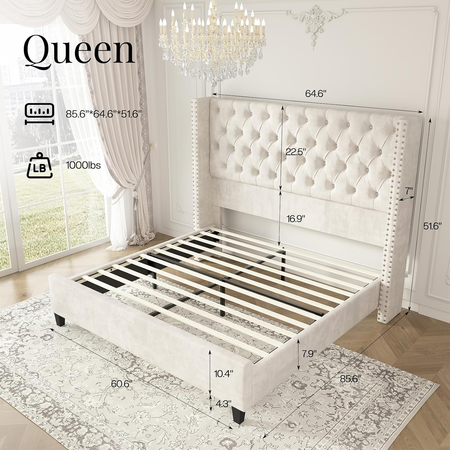 Jocisland Queen Size Bed Frame Velvet Upholstered Platform Bed with 51.6' Tall Wingback Headboard Deep Button Tufted, No Box Spring Needed, Cream