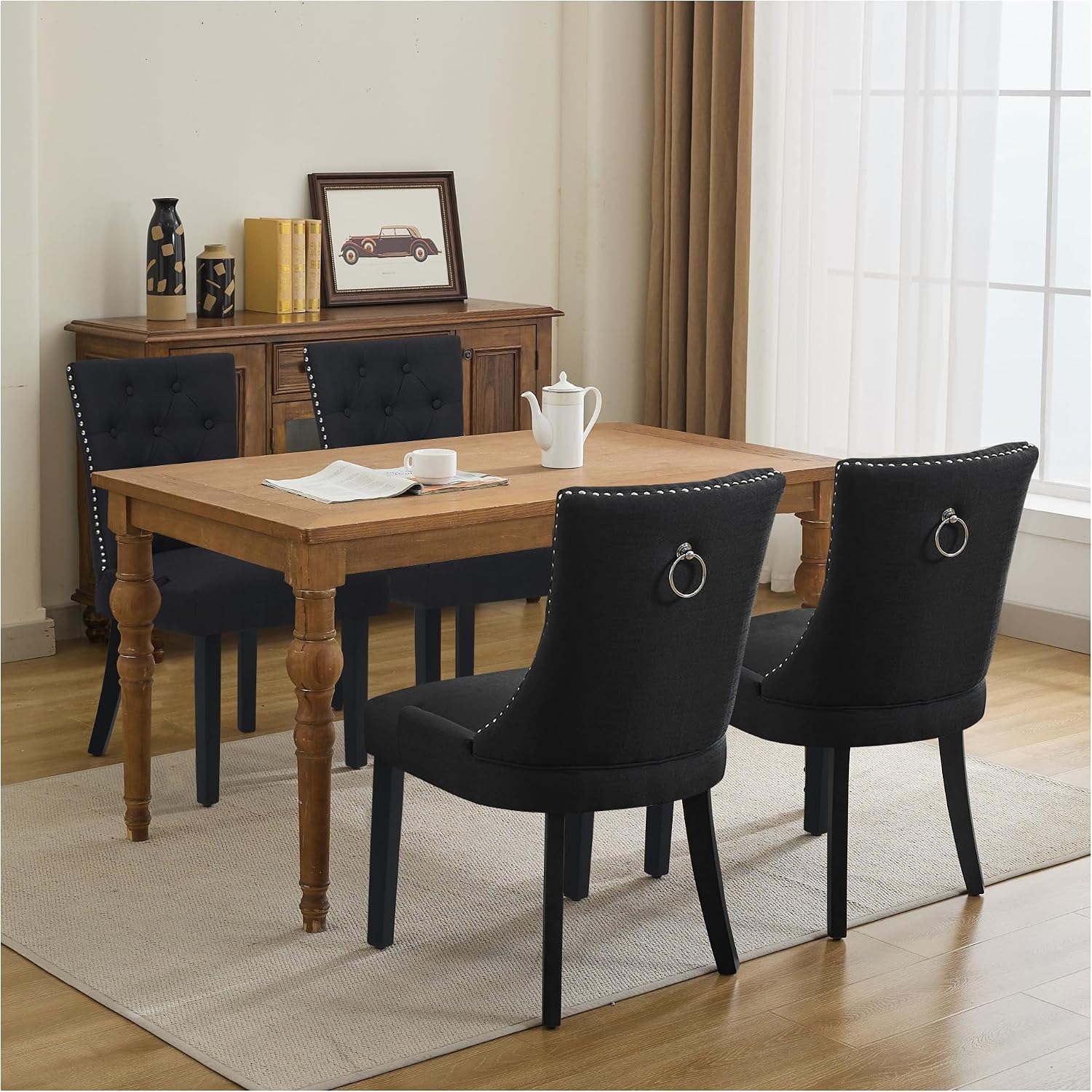 adochr Dining Chairs Set of 4, Modern Mid Century Kitchen Chairs with Wooden Legs & Linen Fabric Back, Dining Room Chairs with Pull Rings & Nailhead Trim, Black