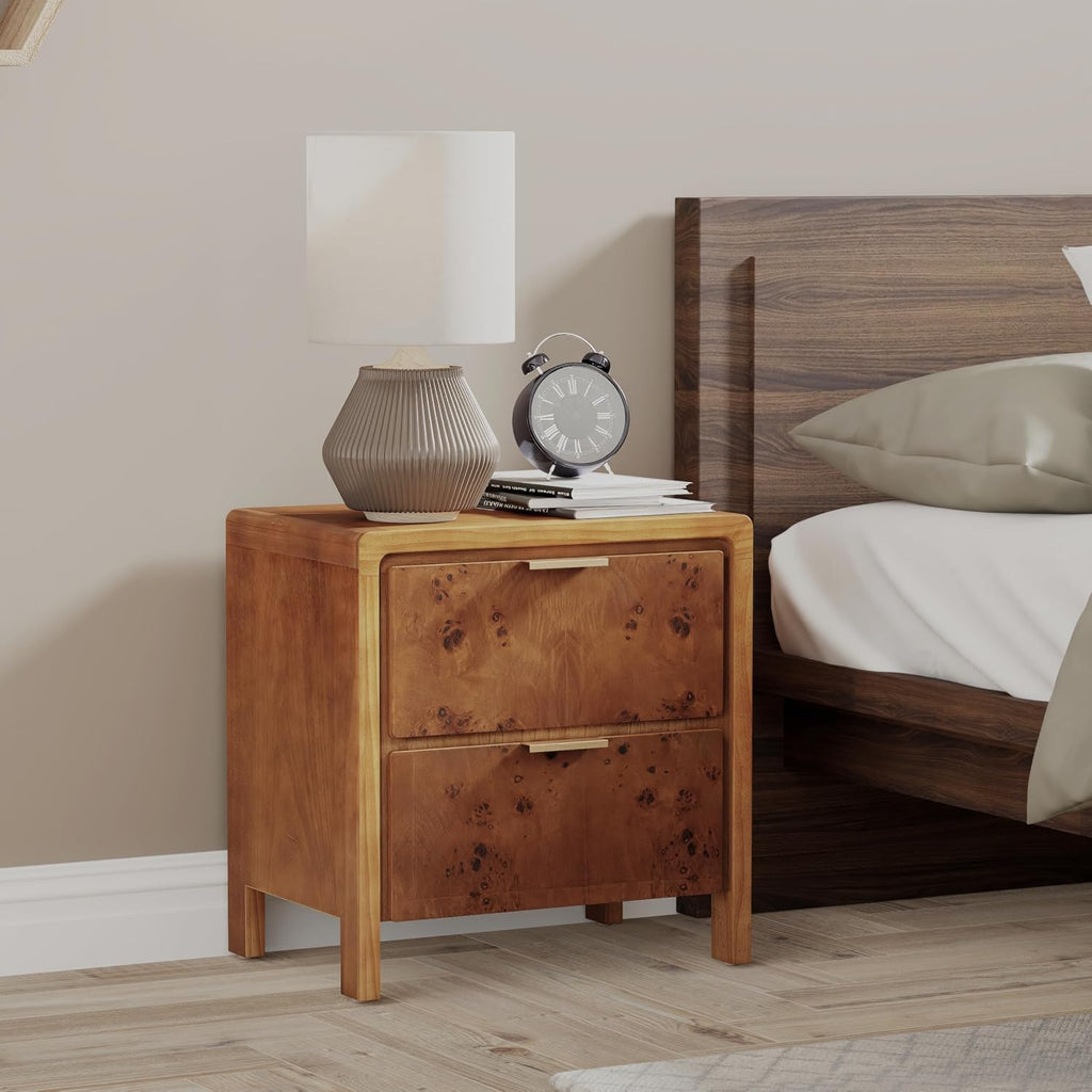 COZAYH Farmhouse Nightstand with 2 Drawer, Distressed Wood Rustic Accent Bedside Table, Burl Finish Side Table for Bedroom, Entryway, Fully Assembled, Brown