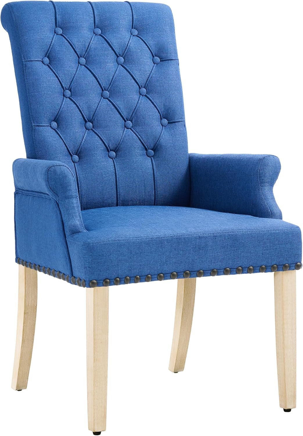 LOULENS Fabric Dining Chairs, Upholstered Tufted Armrest Chairs, Accent Chairs with Nailhead Trim, Solid Wood Legs for Home, Kitchen Living Room, Dark Blue