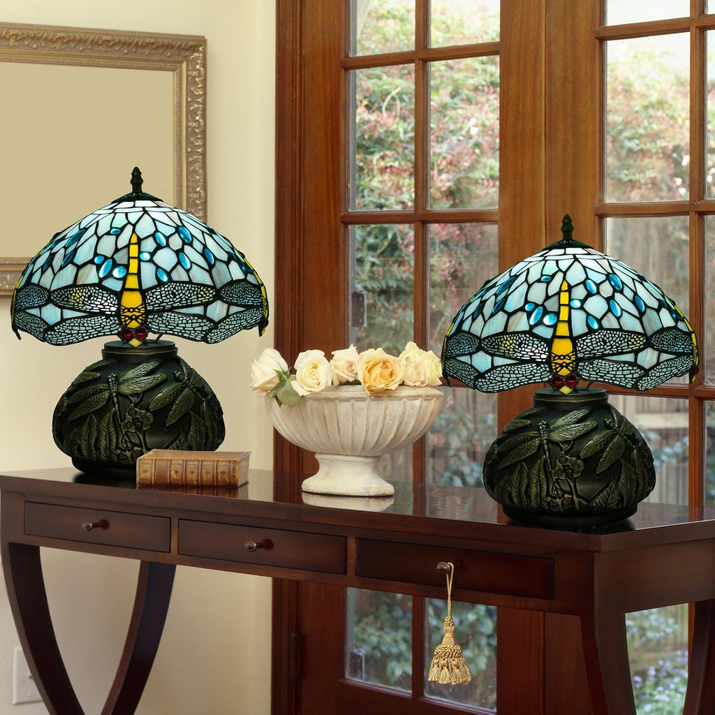12 Inch Dragonfly Tiffany Lamp with Remote Control, Adjustable Brightness and Color Temperature, E26 Bulb, 9W, Ocean Blue Dragonfly Mushroom Stained Glass Bedside Lamp