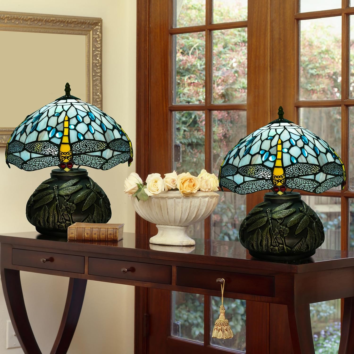 12 Inch Dragonfly Tiffany Lamp with Remote Control, Adjustable Brightness and Color Temperature, E26 Bulb, 9W, Ocean Blue Dragonfly Mushroom Stained Glass Bedside Lamp
