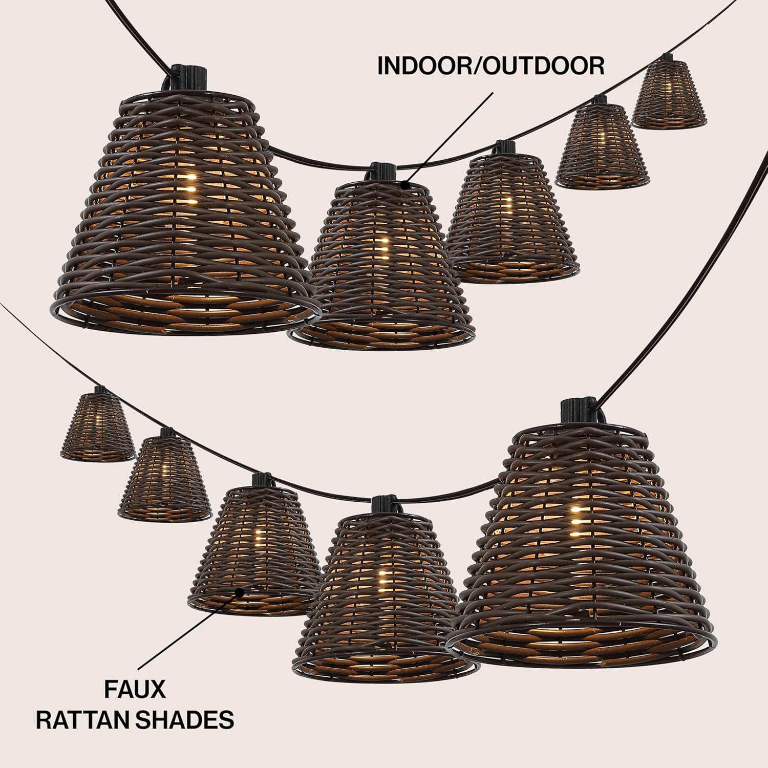 JONATHAN Y 10' Dark Brown 10-Light Indoor/Outdoor LED String Lights for Patio, Classic Cottage Faux-Rattan Shaded Hanging Lights for Balcony, Deck, Coastal Decor (JYL8706C)