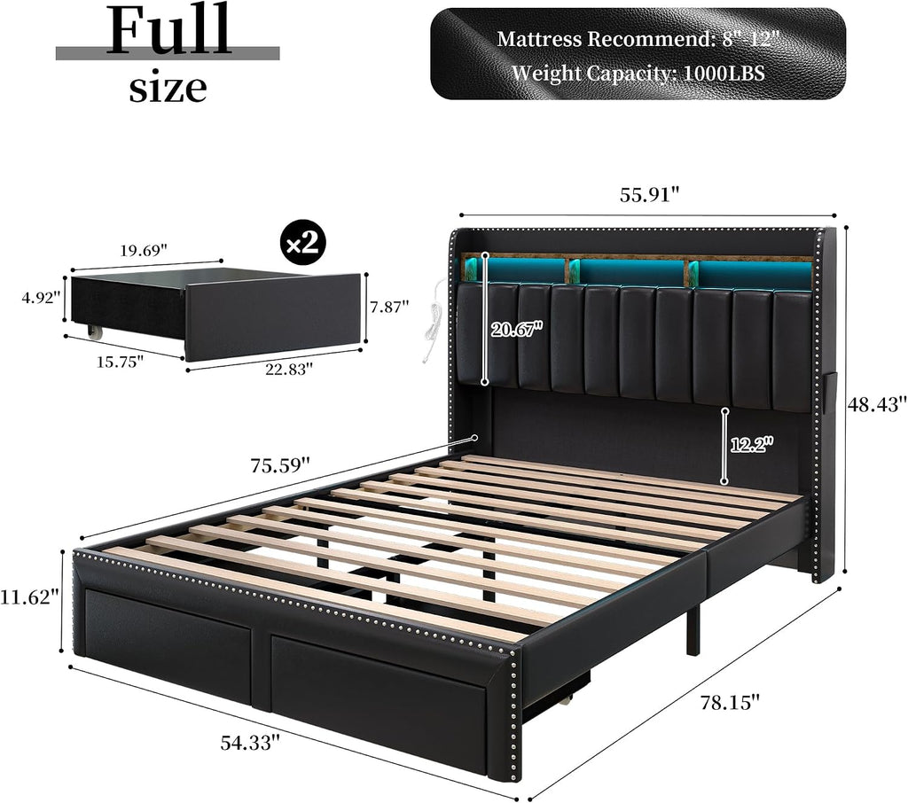 SIBEDS Full LED Bed Frame with Headboard, PU Leather Upholstered Platform Bed with 2 Tier Storage and 2 Zippered Fabric Drawers, Channel Tufted Bedframe with Rivet Decor, No Box Spring Needed, Black