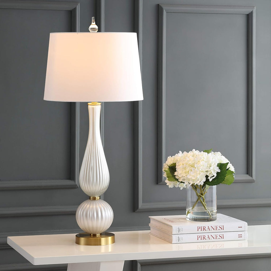 JONATHAN Y 33.7' White Iridescent Fluted Glass Table Lamp, Contemporary Glam Bedside Lamp with Brass Gold Base and White Faux Silk Shade, LED Bulb Included JYL2071A