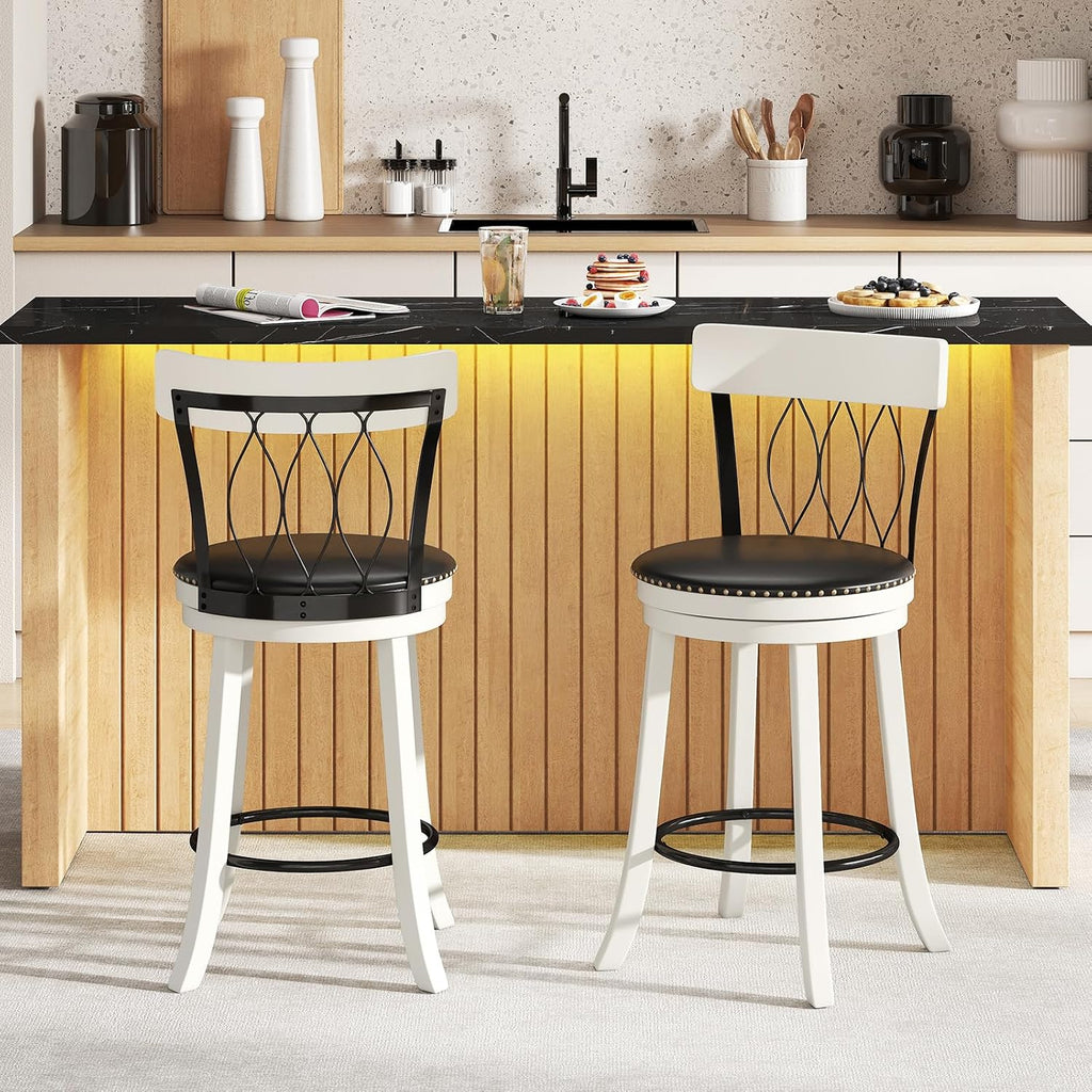Giantex 26' Bar Stools Set of 4, Swivel Counter Height Bar Chairs with Footrest, Rubber Wood Frame & Tufted Rivets, Upholstered Modern PVC Leather Barstools for Kitchen Island & Pub